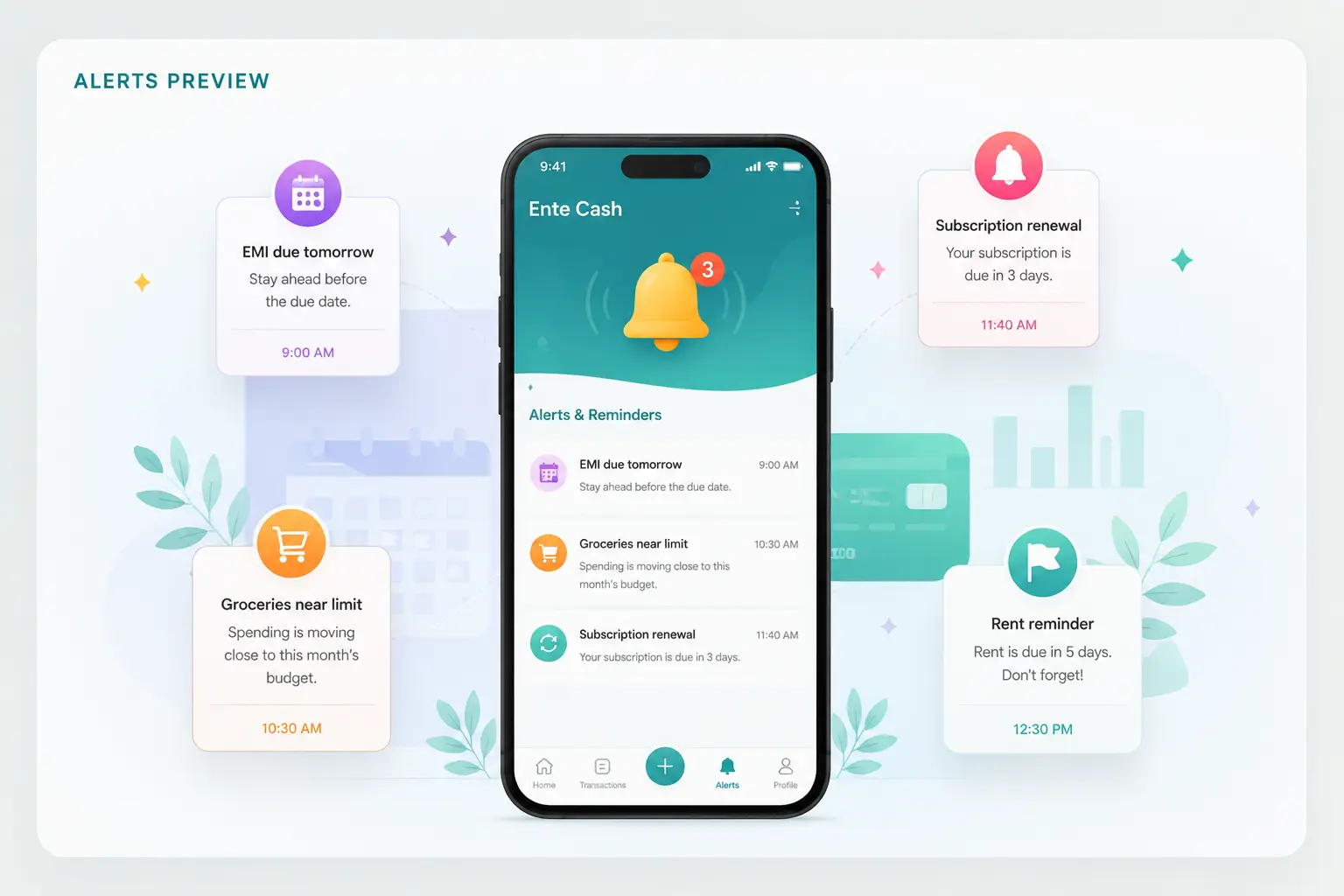 Ente Cash alerts and reminders preview
